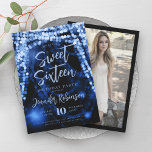 Invitation Élégant Marine Bleu String Lumières Photo Sweet 16<br><div class="desc">Elégant Sweet sixteen Anniversaire modèle d'invitation avec Marine Blue Sparkle String Lights motif,  personnalisé Photo & script de typographie moderne.</div>