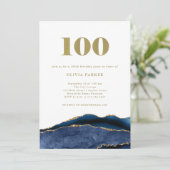Invitation Elégant Marine Blue Agate et Or | 100e anniversair (Debout devant)