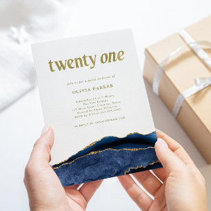 Invitation Elégant Marine Blue Agate et Or 21e anniversaire