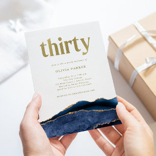 Invitation Elégant Marine Blue Agate et Or 30e anniversaire