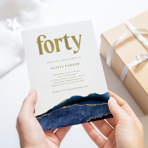 Invitation Elégant Marine Blue Agate et Or 40e anniversaire