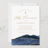 Invitation Elégant Marine Blue Agate Or Première Sainte Commu (Devant)