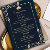 Invitation Elégant Marine Blue and Gold Graduation Menu