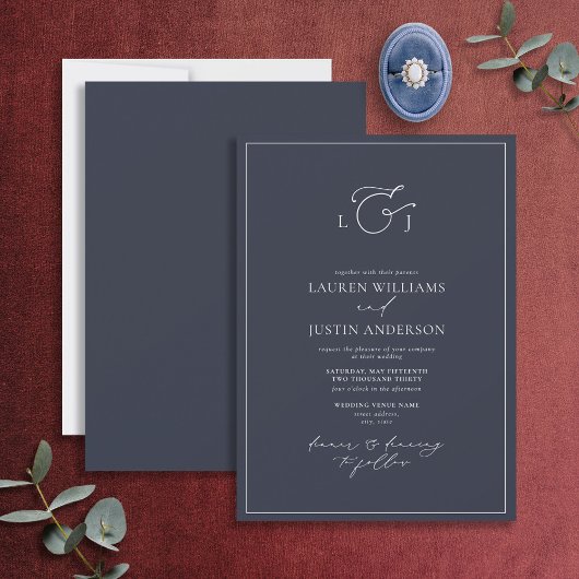 Invitation Élégant Marine Blue Calligraphy Monogram Mariage