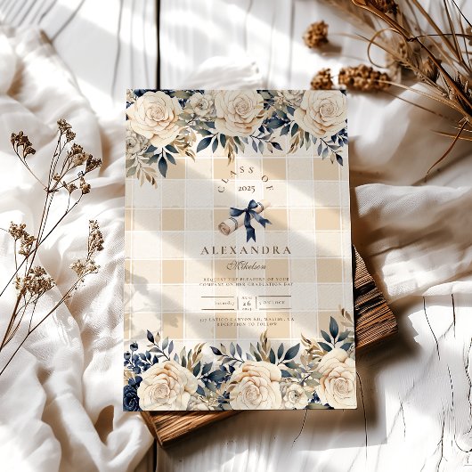 Invitation Elégant Marine Blue Floral Graduation