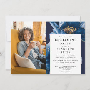 Invitation Elégant Marine Blue Floral Retraite Party Photo