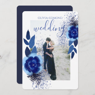 Invitation Elégant Marine Blue Flowers Cadre Photo Mariage