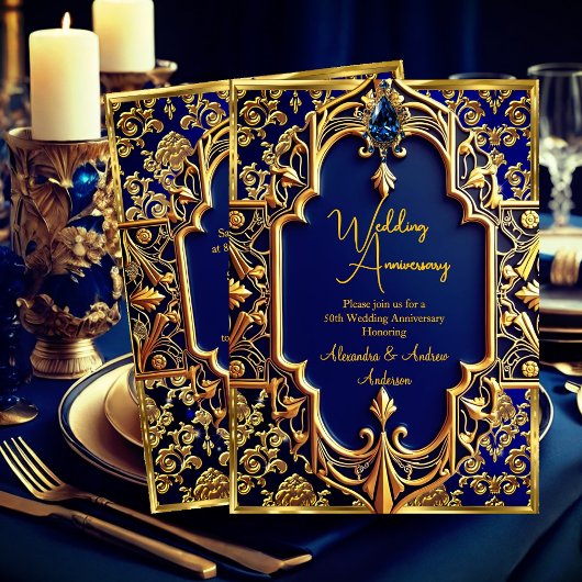 Invitation Elégant Marine Blue Gem Gold 50e anniversaire