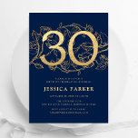 Invitation Elégant Marine Blue Gold 30e anniversaire<br><div class="desc">Elégante invitation à la fête du 30e anniversaire marine bleu or. Design féminin moderne et personnalisable avec des accents botaniques rose et de l'or de parties scintillant faux. Carte invitation florale simple parfaite pour une célébration anniversaire élégante. Personnalisez avec vos propres détails. Invitations Zazzle imprimées ou téléchargement instantané modèle imprimable...</div>