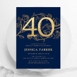 Invitation Elégant Marine Blue Gold 40e anniversaire<br><div class="desc">Elégante invitation à la fête du 40e anniversaire marine bleu or. Design féminin moderne et personnalisable avec des accents botaniques rose et de l'or de parties scintillant faux. Carte invitation florale simple parfaite pour une célébration anniversaire élégante. Personnalisez avec vos propres détails. Invitations Zazzle imprimées ou téléchargement instantané modèle imprimable...</div>