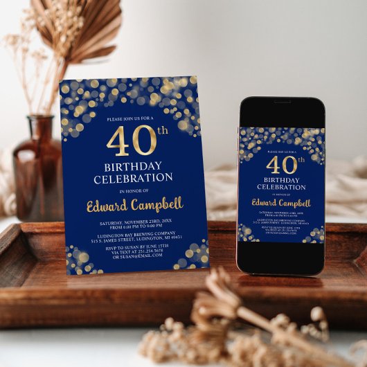 Invitation Elégant Marine Blue & Gold 40e anniversaire Invita