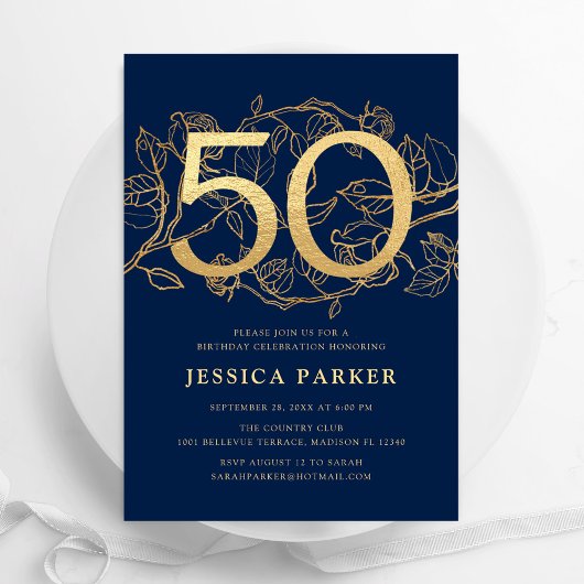 Invitation Elégant Marine Blue Gold 50e anniversaire