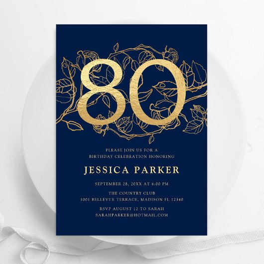 Invitation Elégant Marine Blue Gold 80e anniversaire