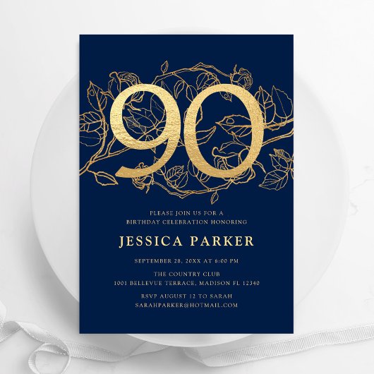 Invitation Elégant Marine Blue Gold 90e anniversaire