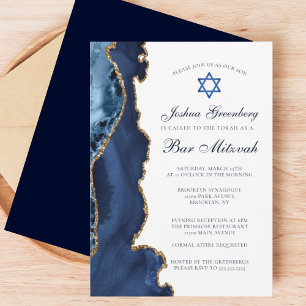 Invitation Elégant Marine Blue Gold Agate Bar Mitzvah Party