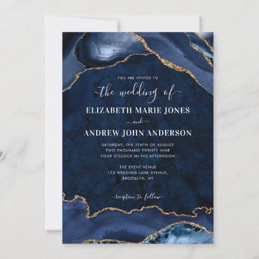 Invitation Elegant Marine Blue Gold Agate Geode Photo Mariage (Devant)