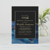 Invitation Elégant Marine Blue Gold Agate Marbre 100e anniver (Debout devant)