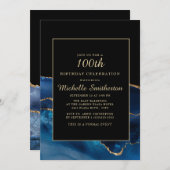 Invitation Elégant Marine Blue Gold Agate Marbre 100e anniver (Devant / Derrière)