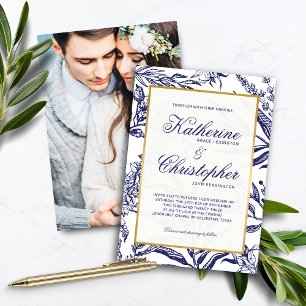 Invitation Elegant Marine Blue Gold Botanical Photo Mariage