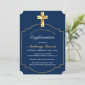 Invitation Elégant Marine Blue Gold Cross Boys Confirmation (Debout devant)