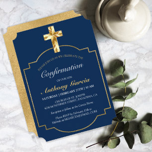 Invitation Elégant Marine Blue Gold Cross Boys Confirmation