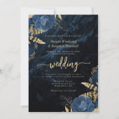 Invitation Elégant Marine Blue Gold Floral Code QR Mariage (Devant)
