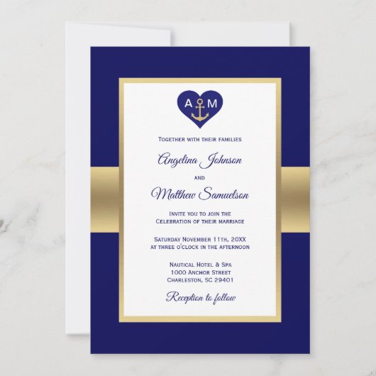 Invitation Elégant Marine Blue Gold Heart Mariage nautique (Devant)