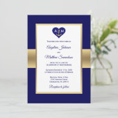 Invitation Elégant Marine Blue Gold Heart Mariage nautique (Debout devant)