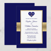 Invitation Elégant Marine Blue Gold Heart Mariage nautique (Devant / Derrière)