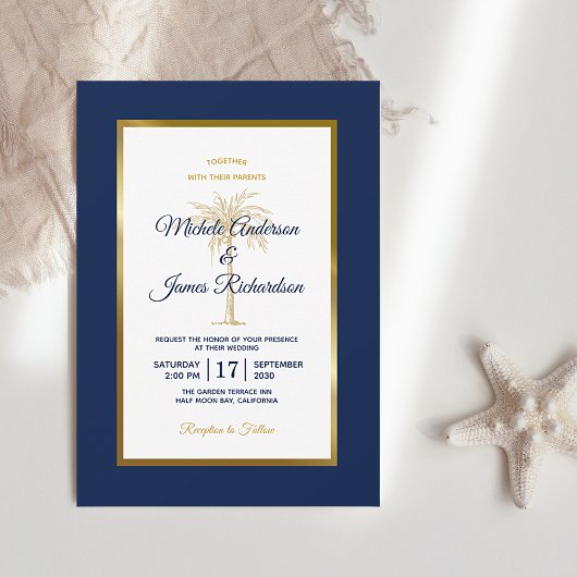 Invitation Elégant Marine Blue Gold Palm Tree Mariage moderne