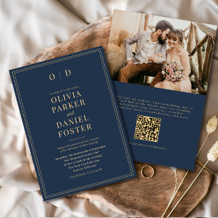 Invitation Elegant Marine Blue Gold Photo QR Code Mariage