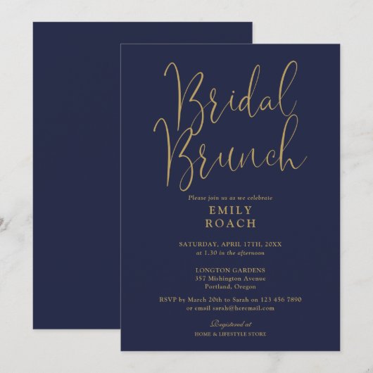 Invitation Elégant Marine Blue Gold Script Bridal Bunch Douch (Devant / Derrière)