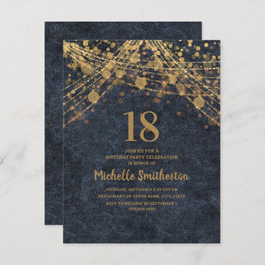 Invitation Elégant Marine Blue Gold String Lumières 18e anniv (Devant / Derrière)