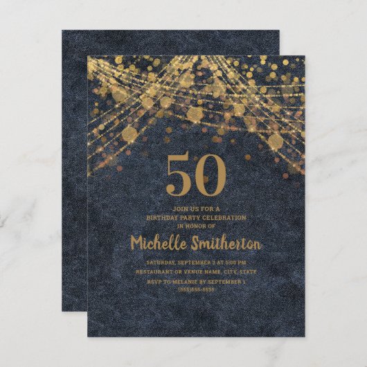 Invitation Elégant Marine Blue Gold String Lumières 50e anniv (Devant / Derrière)