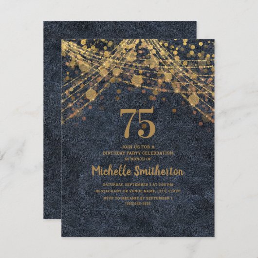 Invitation Elégant Marine Blue Gold String Lumières 75e (Devant / Derrière)