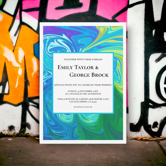 Invitation Elégant Marine Blue Green Waves Abstrait Art Maria