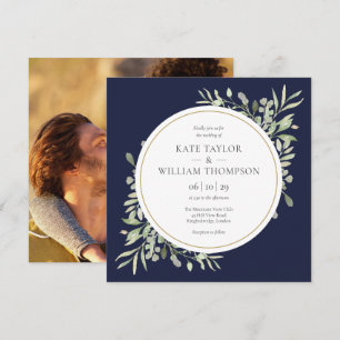 Invitation Elégant Marine Blue Greenery Photo Carré Mariage