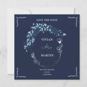 Invitation Elegant Marine BLue Monogramme Enregistrer La Date