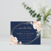 Invitation Elégant Marine Blue Peach Gold Floral Enregistrer  (Debout devant)