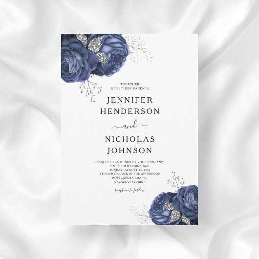 Invitation Elégant Marine Blue Peonies Floral Mariage