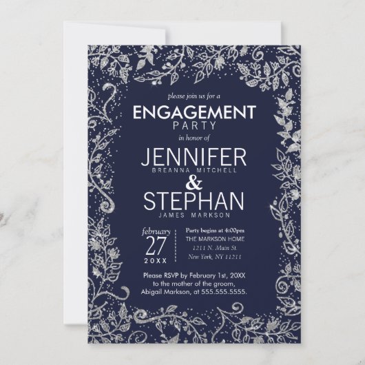 Invitation Elégant Marine Blue Silver Floral Parties scintill (Devant)