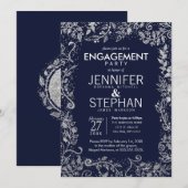 Invitation Elégant Marine Blue Silver Floral Parties scintill (Devant / Derrière)