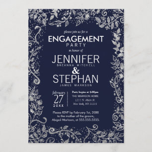 Invitation Elégant Marine Blue Silver Floral Parties scintill