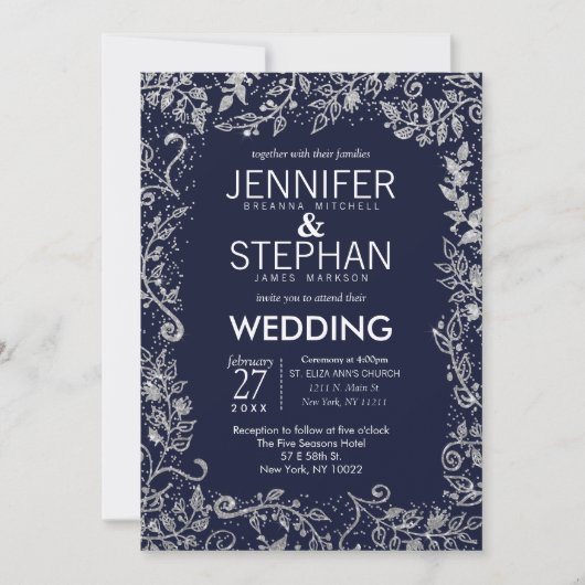 Invitation Elégant Marine Blue Silver Floral Parties scintill (Devant)