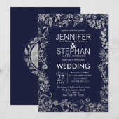 Invitation Elégant Marine Blue Silver Floral Parties scintill (Devant / Derrière)