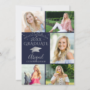 Invitation Elégant Marine Blue Silver Photo Collage Graduate