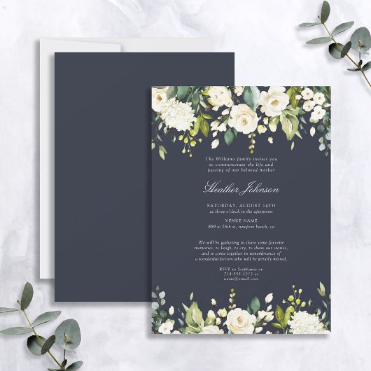 Invitation Elégant Marine Blue & White Floral Memorial Servic