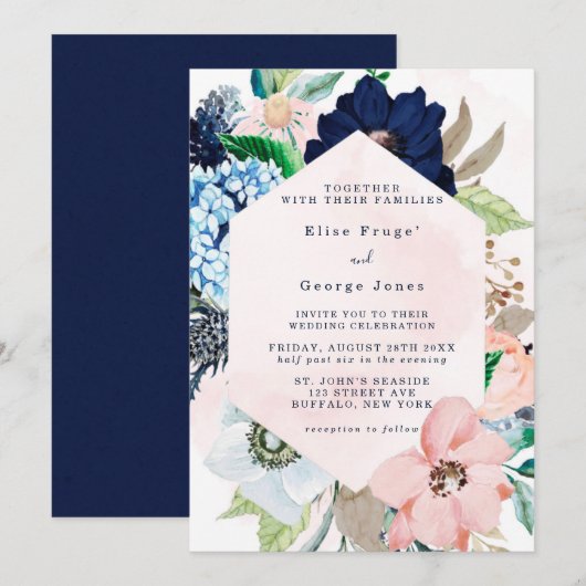 Invitation Elégant Marine Blush Pink Chic Floral Mariage (Devant / Derrière)