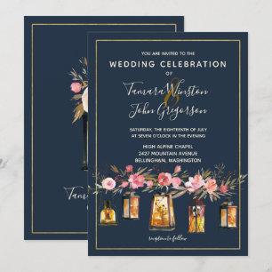 Invitation Elégant Marine Coral Floral Gold Lumières Mariage