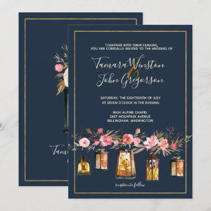 Invitation Elégant Marine Coral Floral Gold Lumières Mariage
